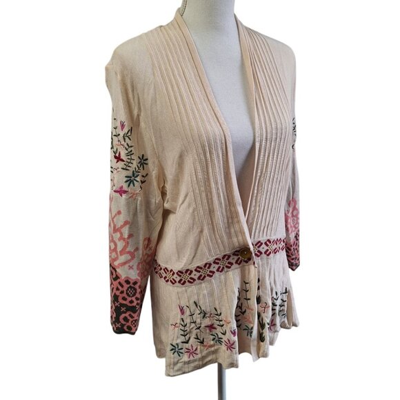 Saharies Embroidered Cardigan Button Pleated Floral Womens Large - Picture 1 of 10